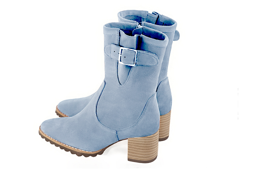 Sky blue women's ankle boots with buckles on the sides. Round toe. Medium block heels. Rear view - Florence KOOIJMAN